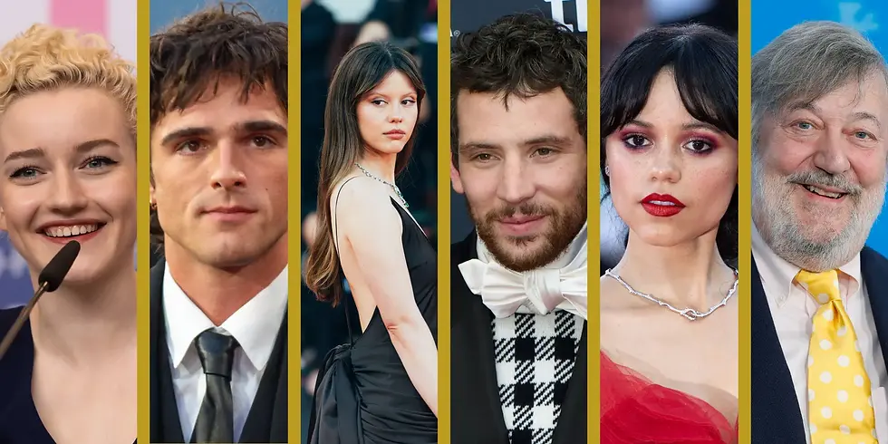 Collage mit Porträtfotos der neu eingeladenen Academy-Mitglieder (v. l. n. r.): Julia Garner, Jacob Elordi, Mia Goth, Josh O'Connor, Jenna Ortega und Stephen Fry.