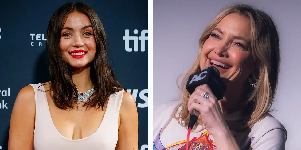 Ana de Armas und Kate Hudson in einer Bildmontage: Links lächelt Ana de Armas bei einer Filmpremiere in einem hellen Kleid vor einer dunklen Sponsorenwand, rechts spricht Kate Hudson lächelnd mit einem Mikrofon auf einer Bühne. Beide übernehmen die Hauptrollen im kommenden Erotik-Thriller „Palm Grove“.