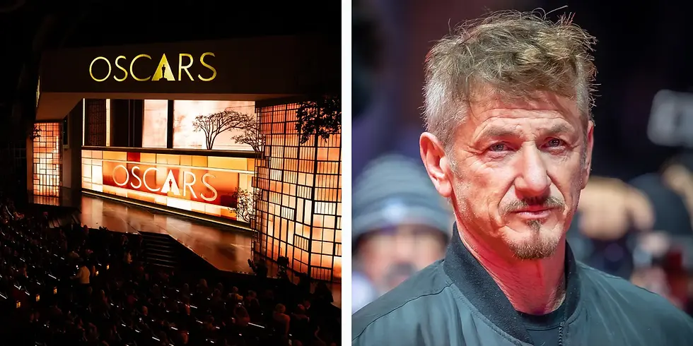 Sean Penn auf dem roten Teppich neben einer Darstellung der Oscar-Verleihung. Der Schauspieler erläuterte beim Tribeca Festival die Gründe für seine Abwesenheit bei den Oscars 2026 und berichtete, warum er die Preisverleihung erstmals genießen konnte.