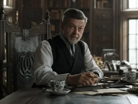 Andy Serkis als Alfred Pennyworth sitzt in „The Batman“ an einem Schreibtisch in Wayne Manor, umgeben von Papieren und Teegeschirr, in gedämpftem Licht.