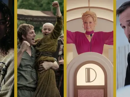 Collage zu den Emmy-Nominierungen 2026 mit vier Motiven aus den nominierten Produktionen „Euphoria“, „A Knight of the Seven Kingdoms“, „Hacks“ und „The Pitt“. Zu sehen sind Zendaya als Rue Bennett, eine Szene aus „A Knight of the Seven Kingdoms“, Jean Smart als Deborah Vance sowie Noah Wyle als Dr. Michael „Robby“ Robinavitch.