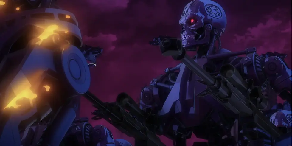 Szene aus der Netflix-Animeserie „Terminator Zero“: Zwei futuristische Kampfroboter stehen sich vor einem violett-roten Himmel gegenüber, einer mit leuchtend rotem Auge und gezogener Waffe.