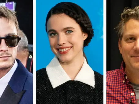 Drei nebeneinander angeordnete Porträtfotos zeigen Drew Starkey links mit Sonnenbrille und Anzug auf einem Event, Margaret Qualley mittig vor blauem Hintergrund mit geflochtenem Haar und dunklem Oberteil sowie Jeff Nichols rechts in kariertem Hemd vor dunklem Hintergrund.