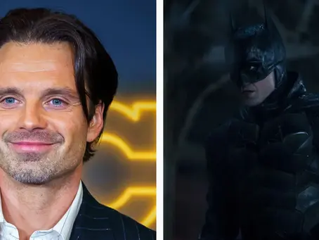 Links ist Sebastian Stan bei einem öffentlichen Auftritt zu sehen, rechts ein Szenenbild aus dem Film „The Batman“ mit Robert Pattinson im Batman-Anzug bei Nacht.
