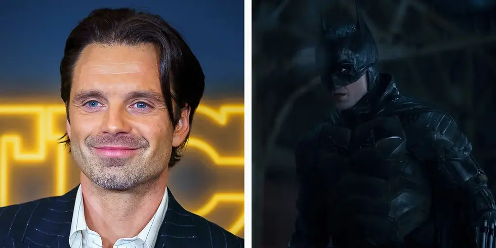 Links ist Sebastian Stan bei einem öffentlichen Auftritt zu sehen, rechts ein Szenenbild aus dem Film „The Batman“ mit Robert Pattinson im Batman-Anzug bei Nacht.