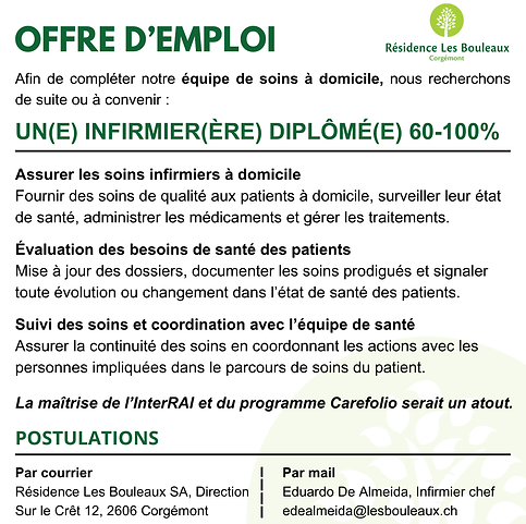 Offre d'emploi - Infirmier(ère) 60-100%