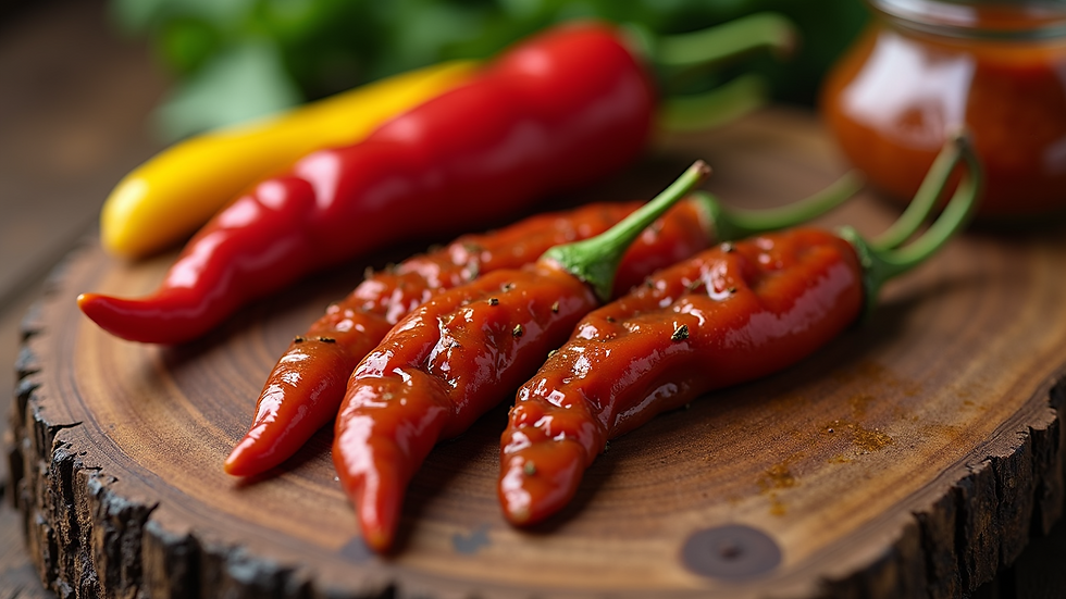 High angle view of chili peppers and hot sauces on a wooden table