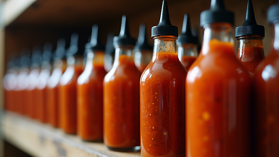 Eye-level view of hot sauce bottles on a rustic shelf