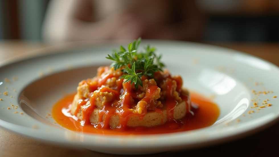 Eye-level view of a beautifully plated spicy dish with hot sauce drizzled on top