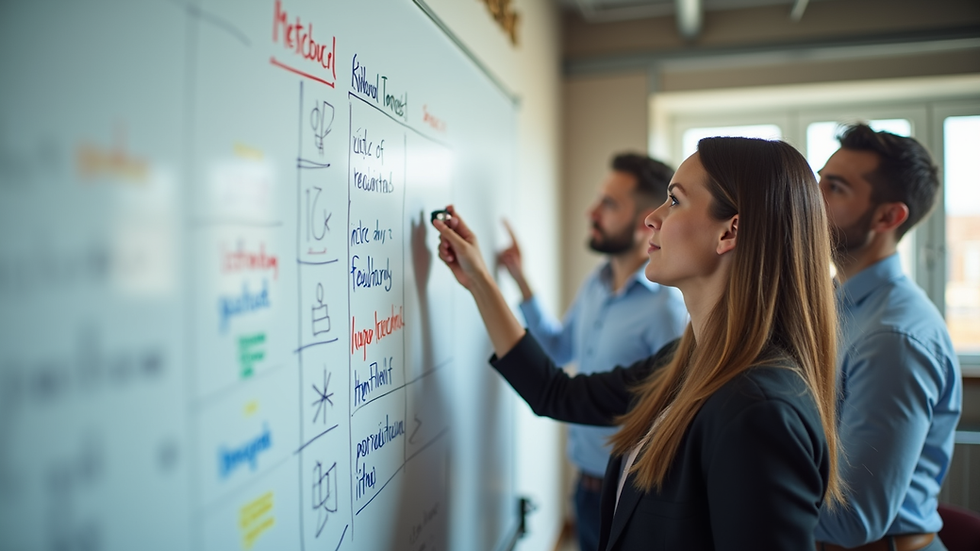 Close-up view of a startup team brainstorming ideas on a whiteboard