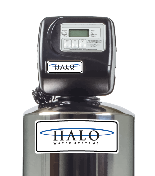 Close-up view of a Halo Filtration system installed under a kitchen sink