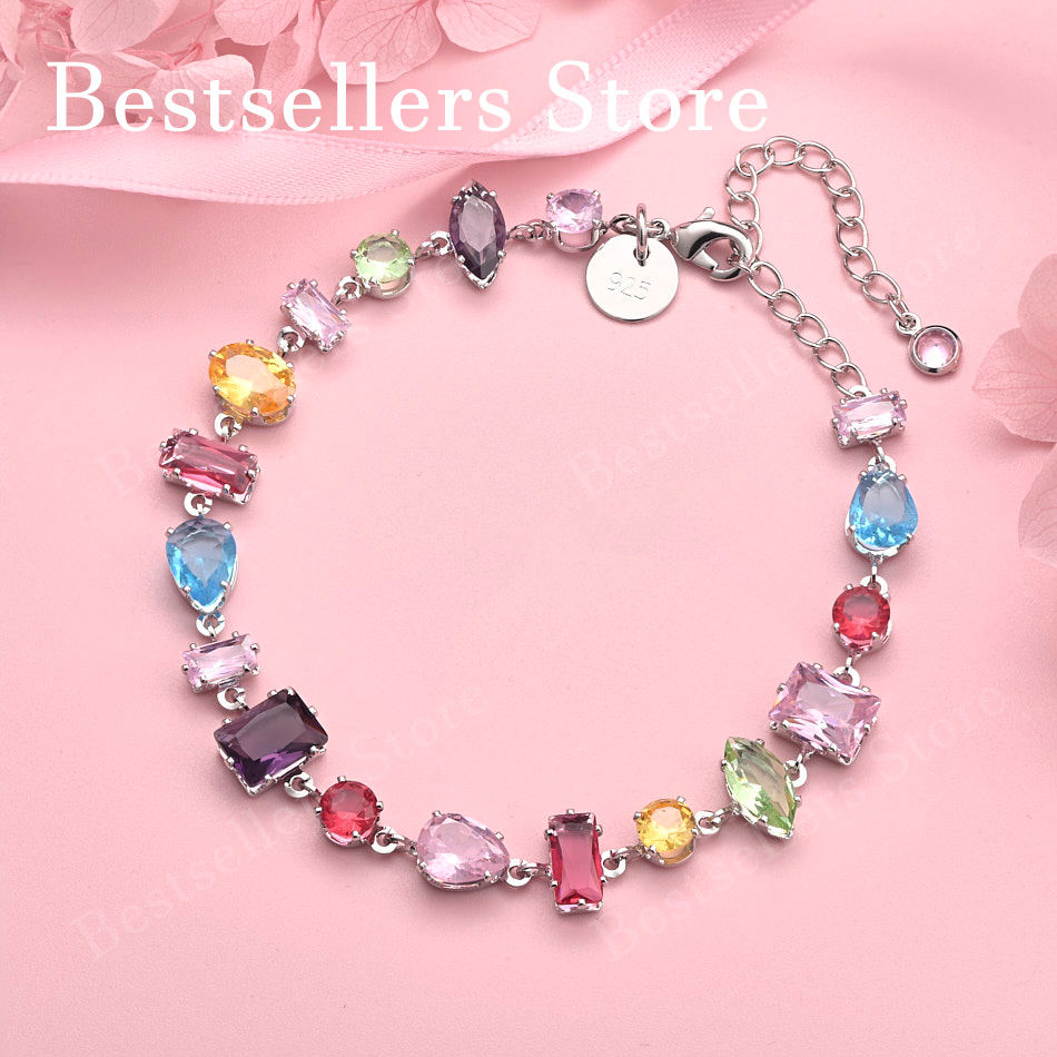 Luxury 925 sterling silver 8-inch exquisite colored zircon bracelet for women's