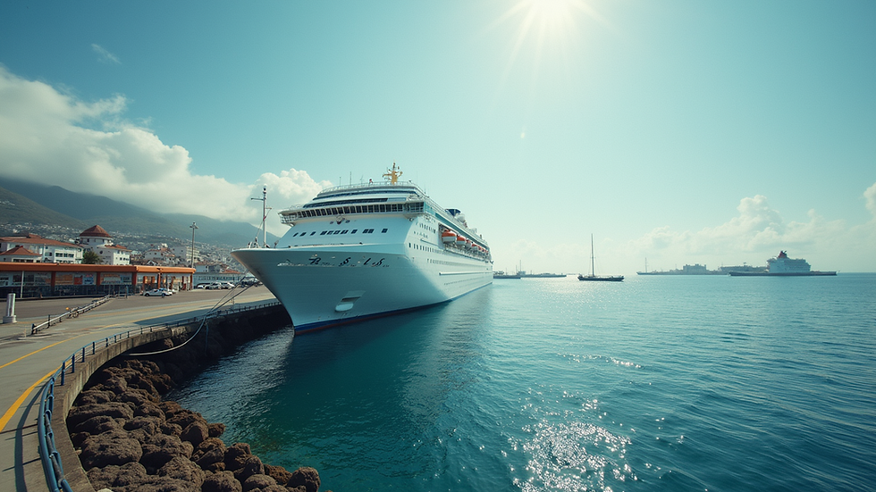 Eye-level view of ferry docked at Madeira port ready for departure