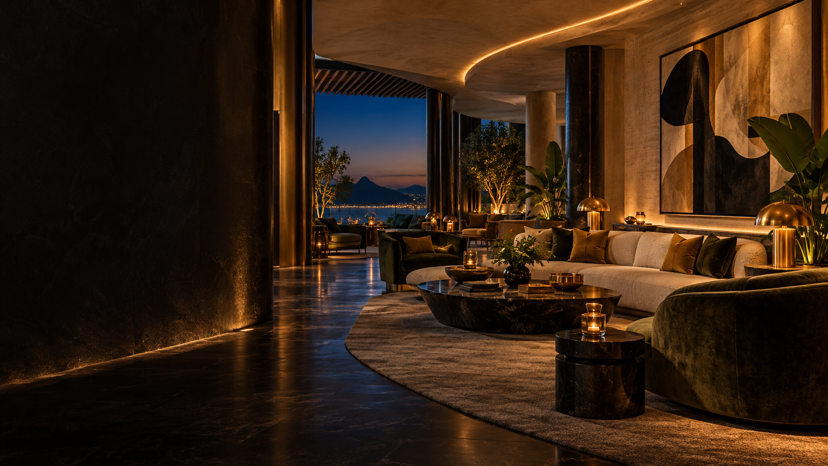 Lounge conceitual de hotel com iluminação acolhedora, arte e um terraço