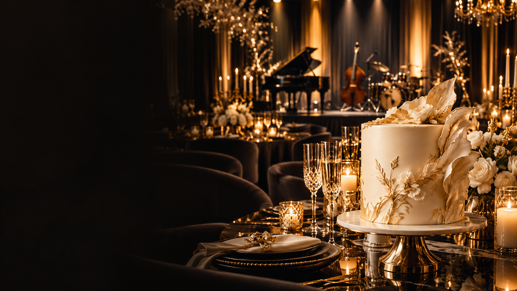 Festa de aniversário conceitual com bolo em marfim e dourado, velas e um palco de música
