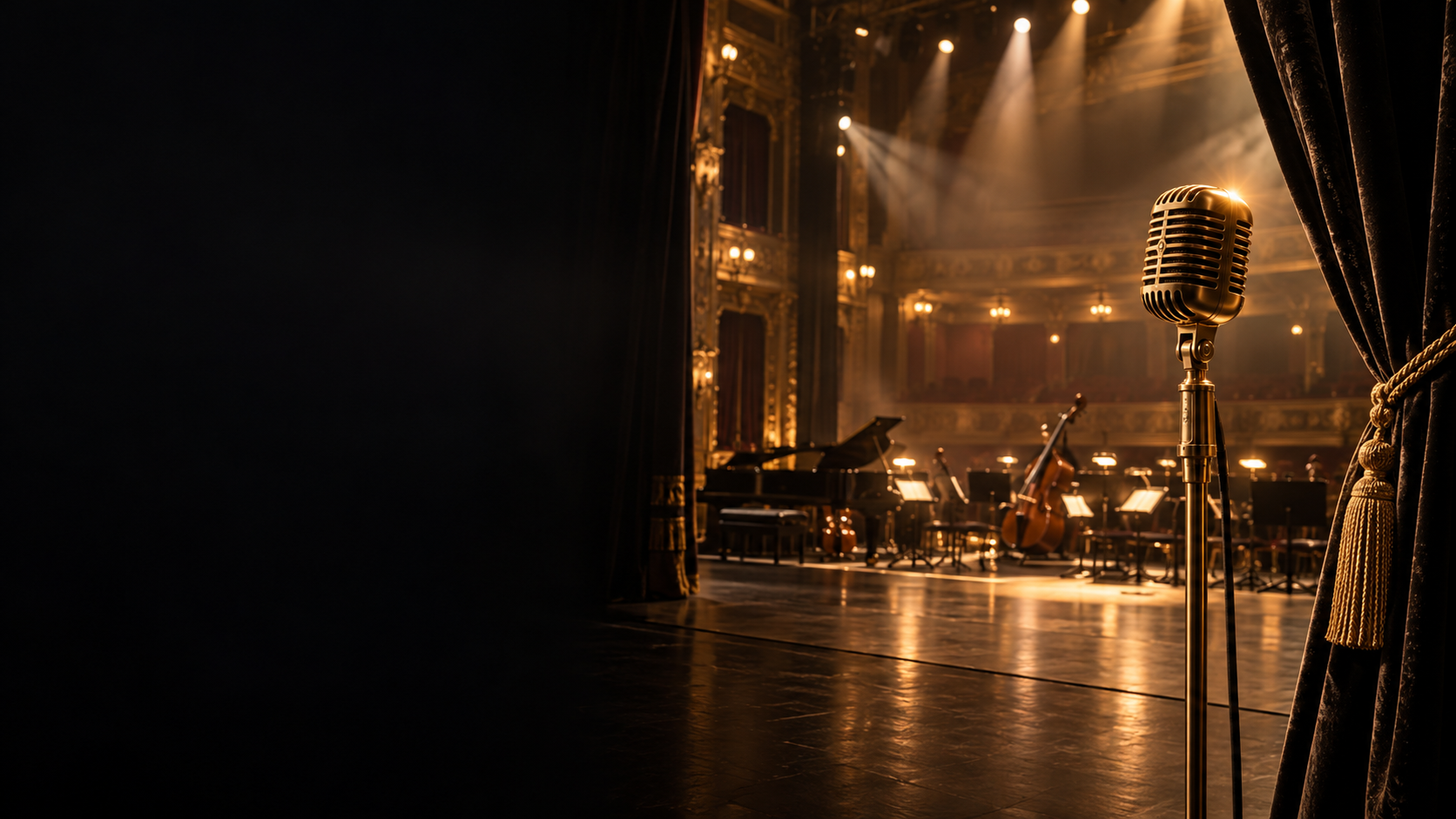 Cena conceitual de um teatro com microfone dourado, cortinas e luz de palco