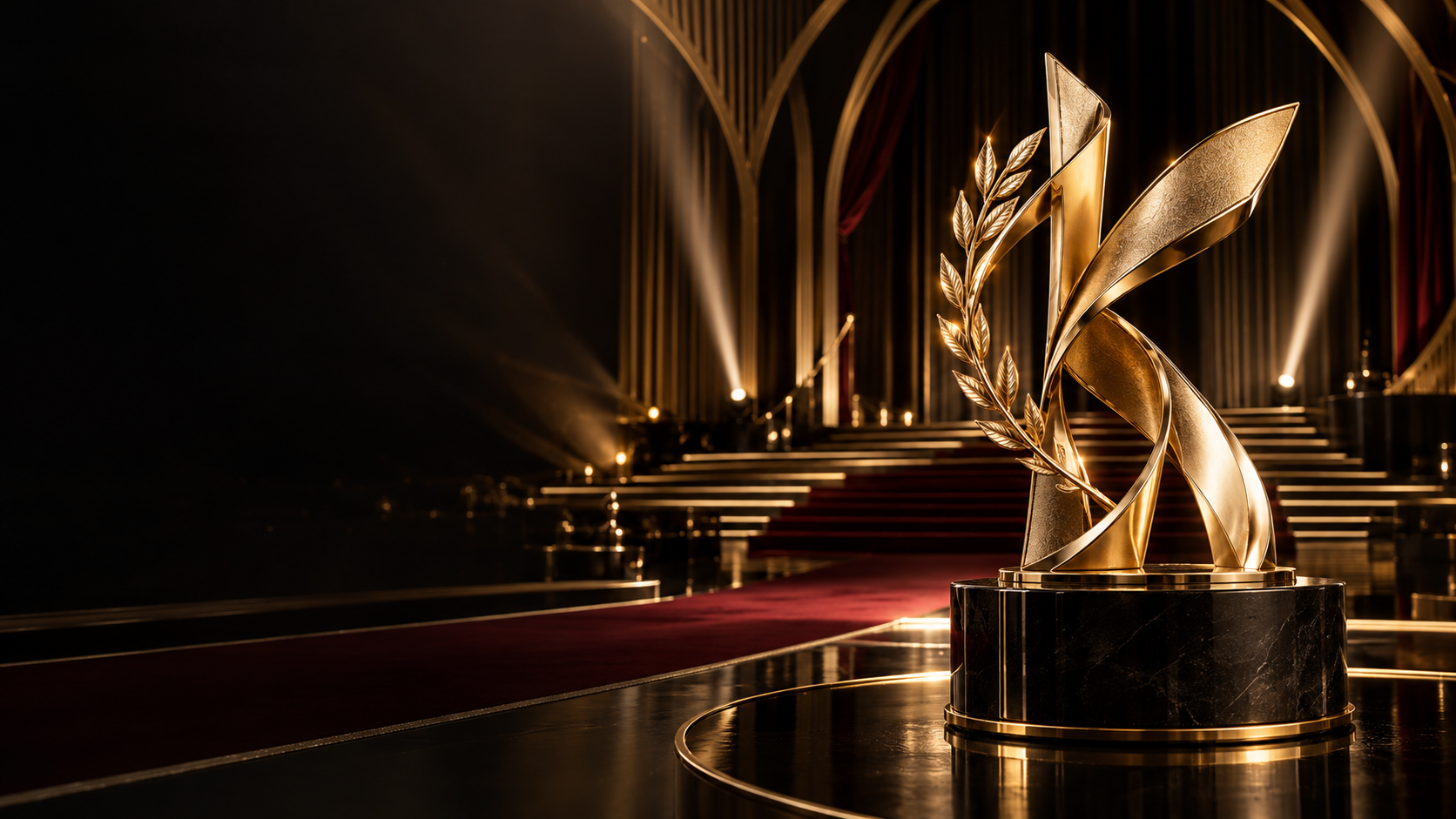 Troféu conceitual dourado em K e tapete vermelho diante de um palco
