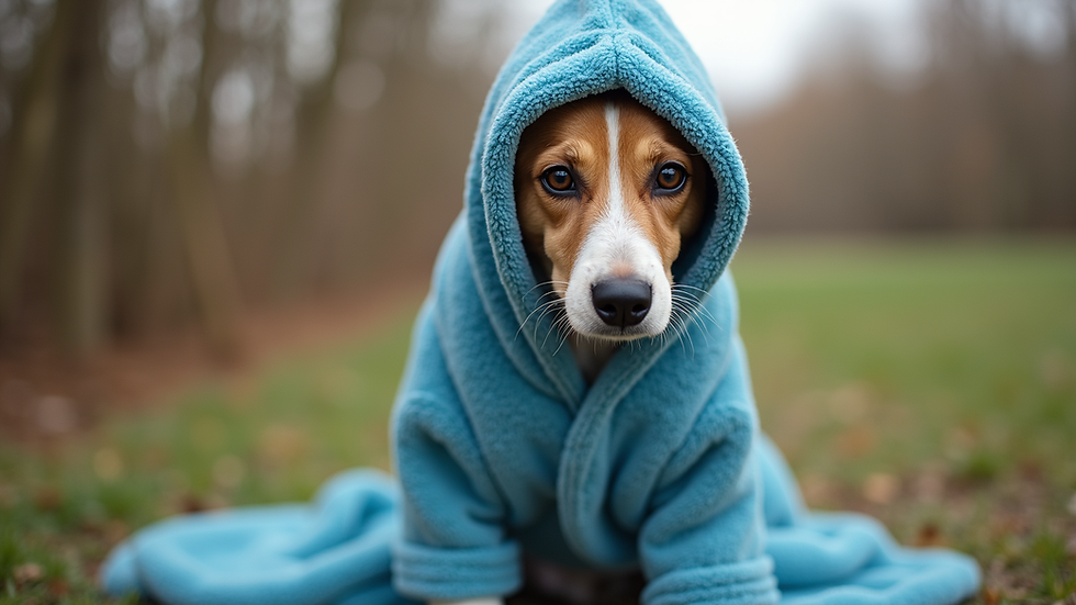 Eye-level view of a dog wearing a blue drying robe outdoors