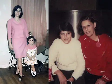Photo of a mom and child dressed in pink from the 1960s next to the same mom and teenager child sitting down in the 1980s.