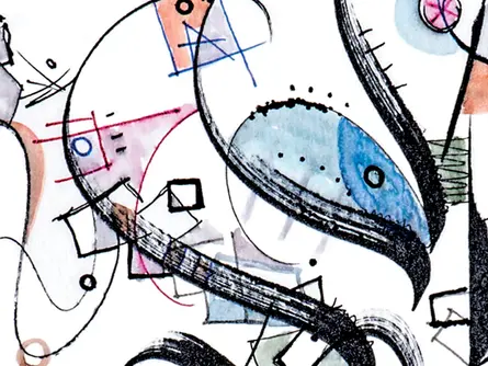 Zoomed in close-up showcasing dry brush details and flourishing abstract calligraphy marks layered over watercolor washes. ‘‘Mom’s Inspiration’ by Angie Durbin.