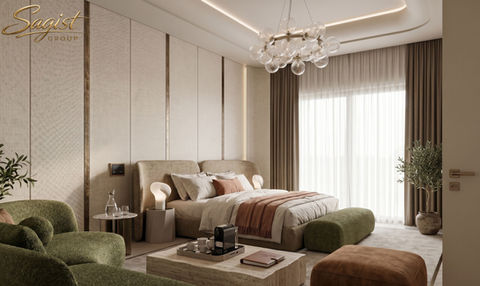 Luxury hotel suite manufactured by Sagist Group featuring custom upholstered headboard, walnut casegoods, lounge seating and integrated lighting — full FF&E package produced and installed in-house from Istanbul ateliers.