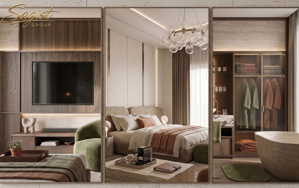bespoke modular lounge seating, stone-front reception desk and decorative pendant lighting, delivered turnkey for the property's pre-opening calendar.