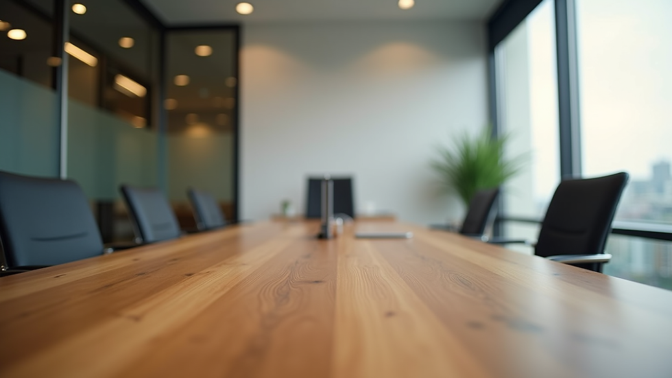 Eye-level view of a custom-made wooden desk in a corporate office