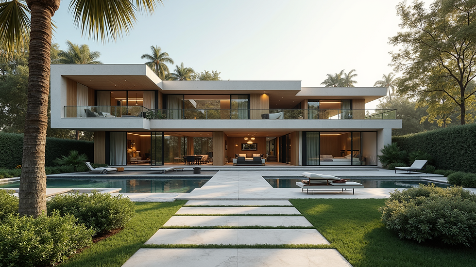 Wide angle view of a luxury villa exterior showcasing architectural design and landscaping