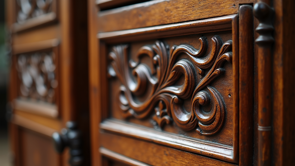 Close-up view of a hand-carved wooden cabinet with intricate detailing