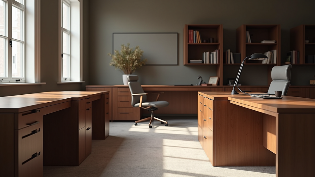 High angle view of a sophisticated office space with bespoke wooden desks