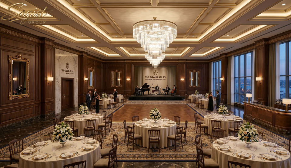 Hotel restaurant and bar furniture by Sagist Group — bespoke leather banquettes, contract dining chairs, brass-detailed bar stools and custom host stand, manufactured to commercial abrasion ratings.