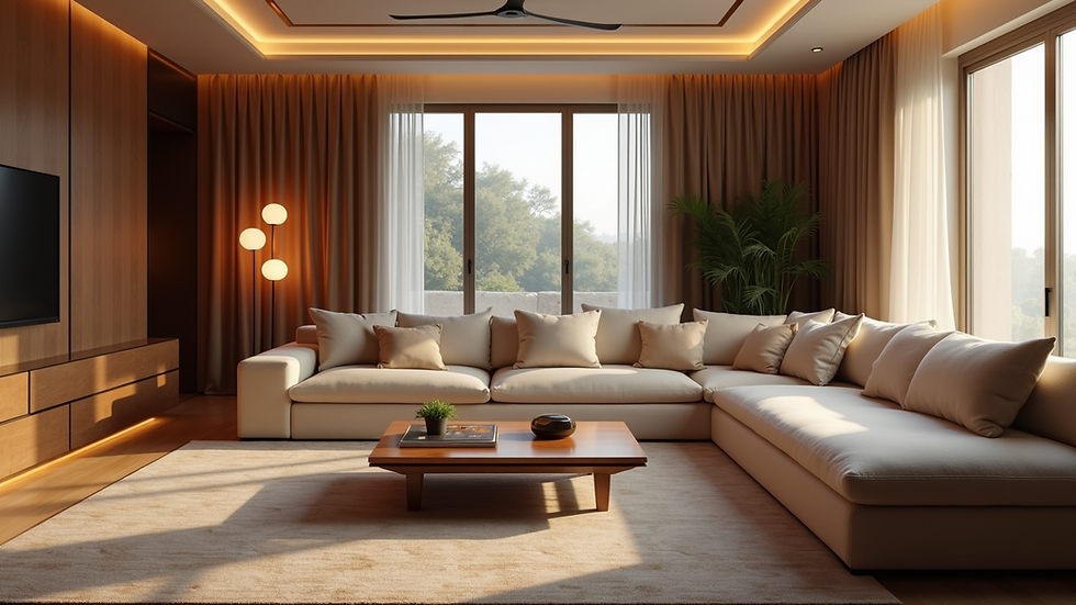 Eye-level view of a luxurious villa living room with plush sofas and elegant lighting