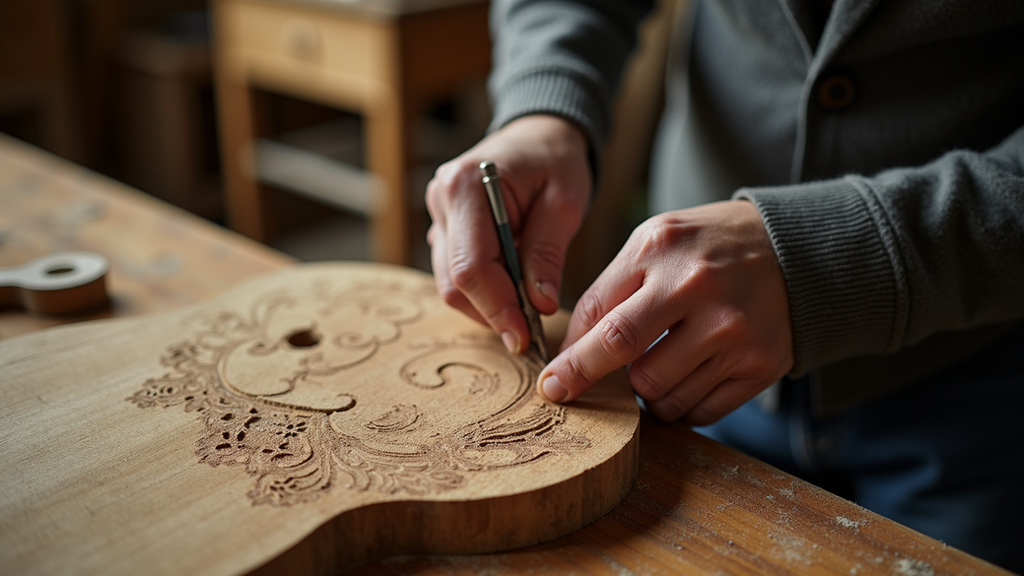 High angle view of a craftsman carving intricate details on a wooden furniture piece