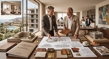 PDG de Sagist Group et un investisseur analysant des plans d'architecture et des échantillons de matériaux haut de gamme. Le bureau surplombe un chantier de complexe hôtelier sur la Riviera française, avec un aperçu d'une suite prototype achevée, illustrant l'approche de développement clés en main à source unique.