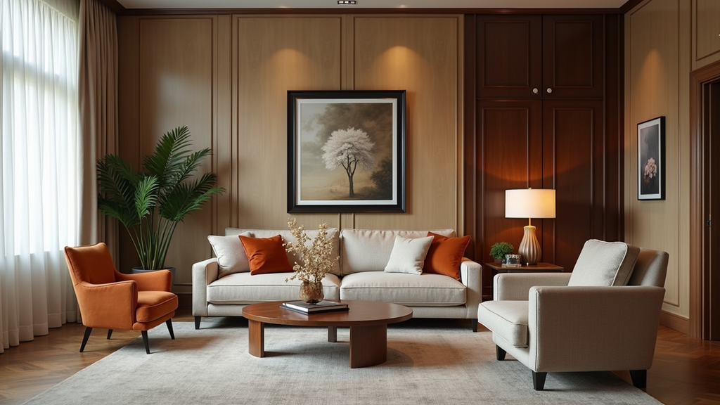 Wide angle view of a luxurious interior furnished with bespoke furniture