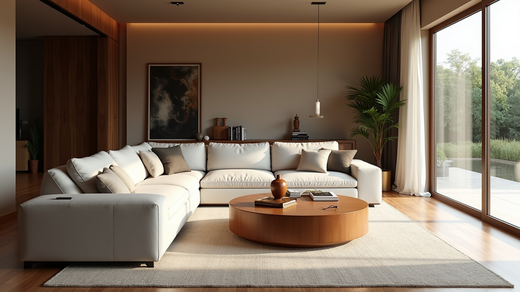 High angle view of a custom-made sectional sofa in a luxury villa living room