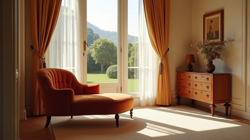 Eye-level view of a bespoke velvet chaise lounge in a sunlit villa room