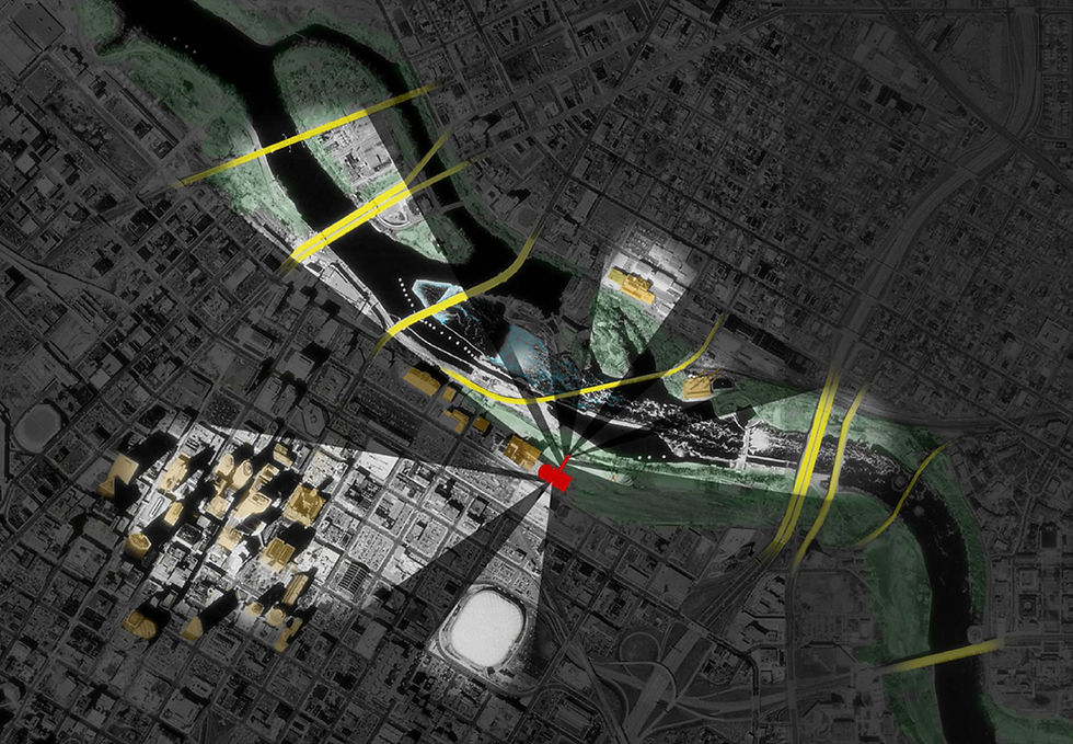 Nouvel's design features angled window portals that frame key city landmarks. Image from: https://www.jeannouvel.com/en/projects/theatre-guthrie/.