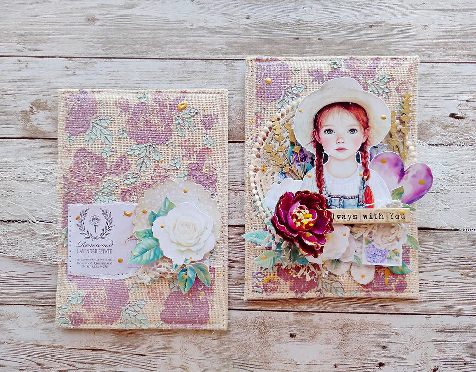 Two textured art journals on a wooden surface. One has a floral textured design using Perfect Paints, the other shows a girl with a hat and the text "always with you".