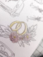 Wedding-themed sketch with gold rings, pink flowers, and "Just Married" text on a retro car. Delicate, celebratory design.
