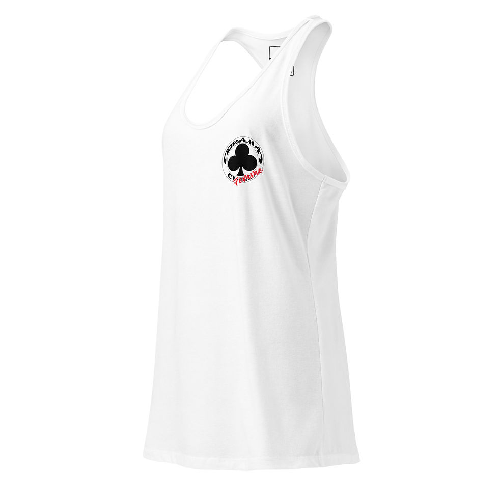 Thumbnail: Drama Club "Femme!" Women’s White or Blue Fitted Racerback Tank Top-Small Logo