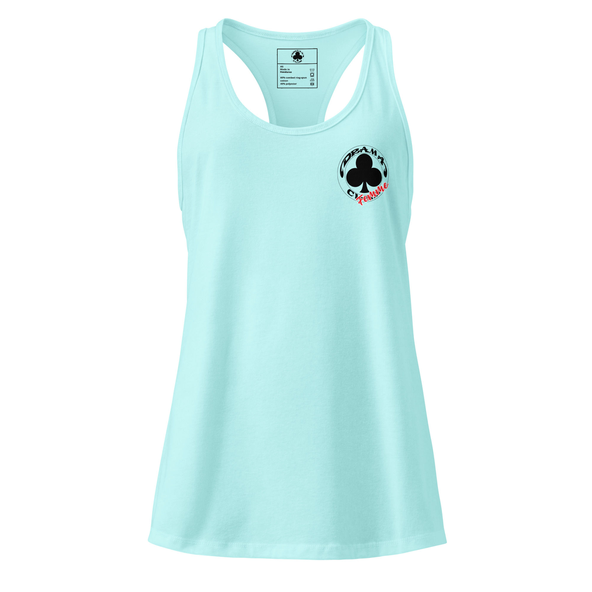 Drama Club "Femme!" Women’s White or Blue Fitted Racerback Tank Top-Small Logo