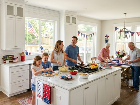 Family in a kitchen with patriotic decorations cooking together on a 4th of July weekend