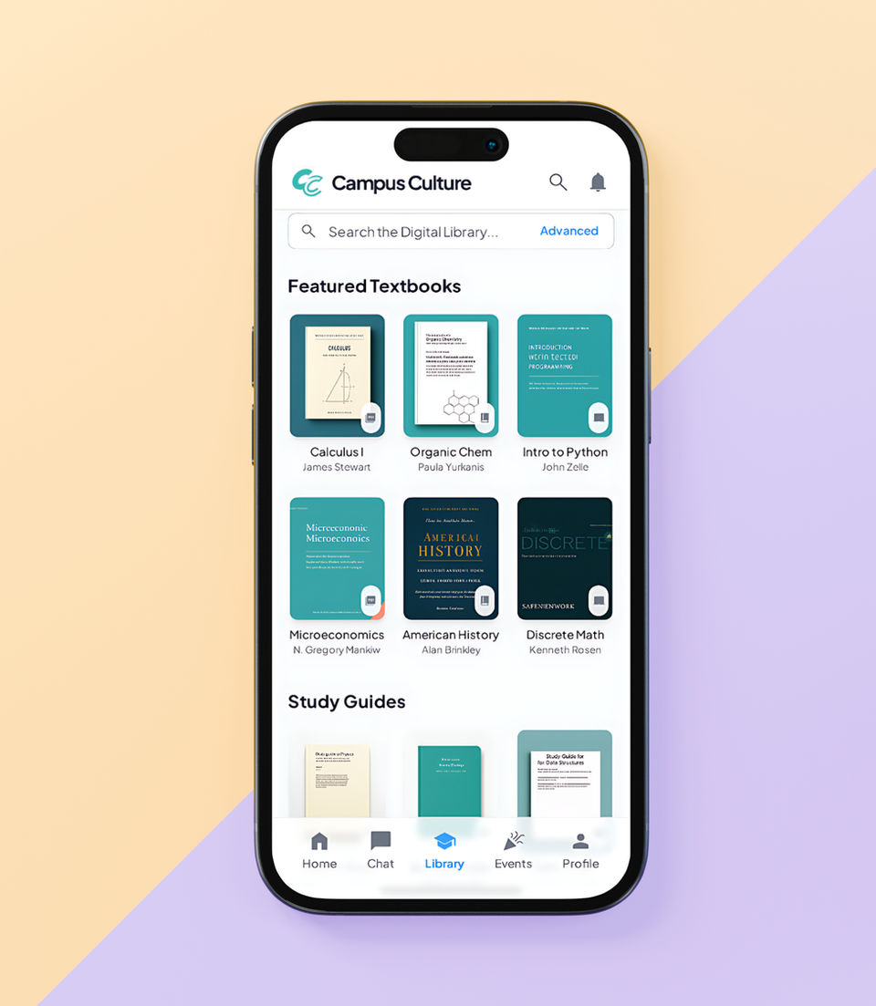 Campus Culture app free textbooks and study resources screen on a smartphone displaying a digital library with featured textbooks including Calculus I by James Stewart, Organic Chemistry by Paula Yurkanis, Intro to Python by John Zelle, Microeconomics by N. Gregory Mankiw, American History by Alan Brinkley, and Discrete Mathematics by Kenneth Rosen. The interface includes a search bar, featured sections for textbooks and study guides, and the Campus Culture logo at the top of the screen. This image represents the Free Textbooks and Study Resources feature of Campus Culture — a global university student app that provides free access to educational materials, digital libraries, study guides, and collaborative learning resources. It highlights how Campus Culture helps students save money, discover academic content, and connect with peers and educators to improve learning and study efficiency worldwide.