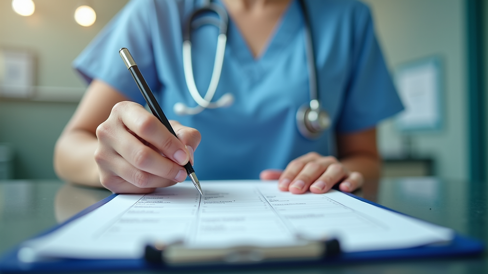 Eye-level view of a nurse writing a care plan on a clipboard