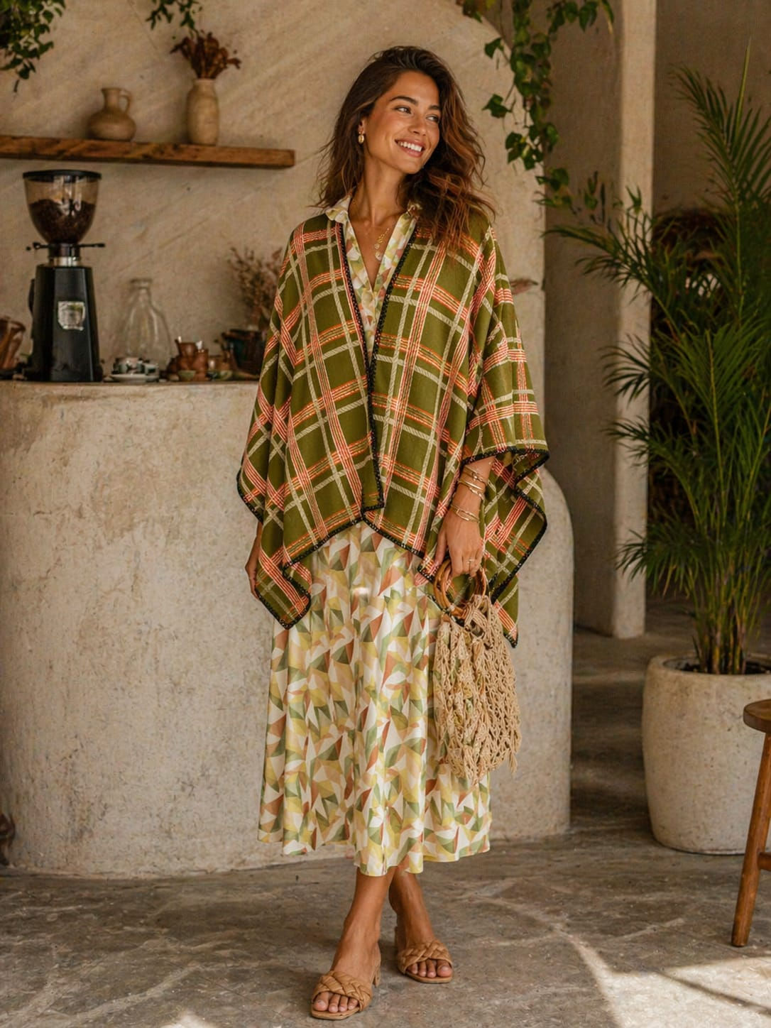 Poncho - Olive & Orange Plaid