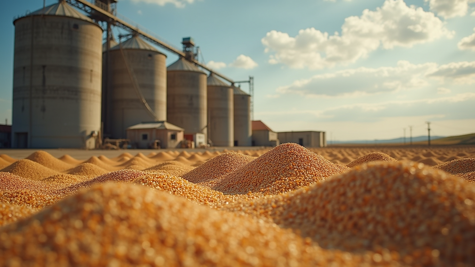 High angle view of bulk grains stored in large industrial silos