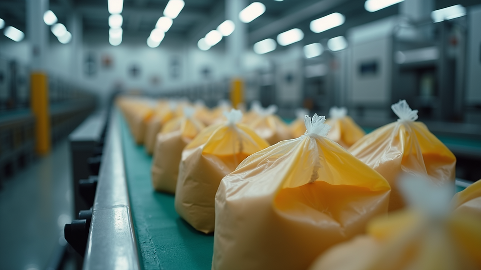 Eye-level view of conveyor belt with bags being filled and sealed