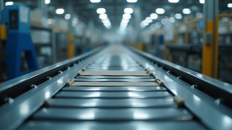 Eye-level view of automated conveyor system transporting materials in a factory