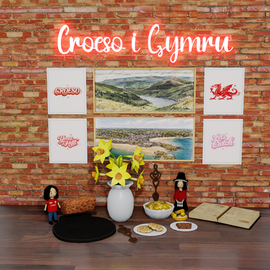 Sims 4 Welsh Heritage CC set featuring traditional Welsh food and decor